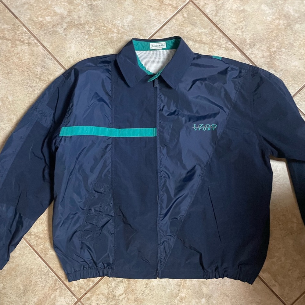 Vintage Mens Izod Sport Windbreaker. Navy blue with green accents. Mens XL
